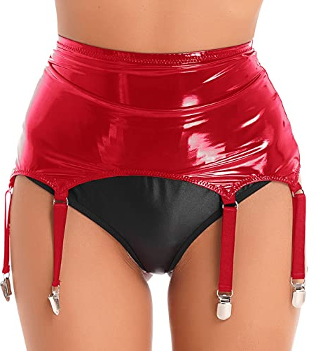 Mufeng Women's Wet Look Garter Belt Slim Skirt Suspenders Garter Belt with 8 Metal Buckle Clips Red M