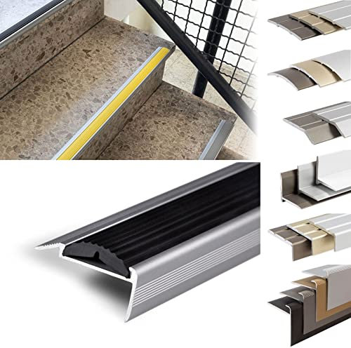 KARAT Perfiles de borde de escalón, listones de aluminio angulares de suelo, antideslizantes, con material de montaje, perfiles de nariz de escalera, perfiles de ángulo (goma individual Powergrip