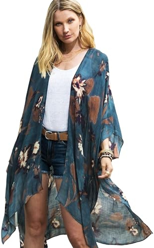 Moss Rose Women's Beach Cover up Swimsuit Kimono Cardigan with Bohemian Floral Print Blue