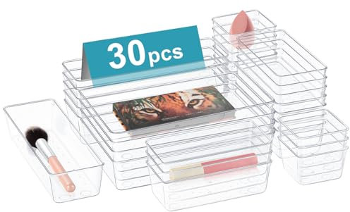 AJOXEL Schubladen Organizer, 30 Stück Schminktisch Organizer für Schublade mit 4 Größen, Schreibtisch Schubladen Ordnungssystem, Kunststoff Makeup Organizers, für Kosmetik,Küche, Badezimmer, Büro