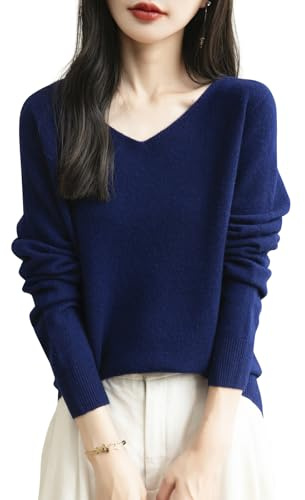 Chanyarn Maglione da Donna 100% Lana Merino con Scollo a V 2025 Casual a Maniche Lunghe Senza Cuciture Maglia Maglione (Navy Blue,L)