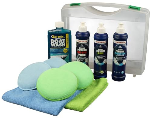 Marine Boot Pflegekoffer/Pflege Set inkl. Zubehör | 2X Mikrofasertuch + 4X Mikrofaserpad + 1X Boot Shampoo + 3X Boots Politur (Gelcoat One Step Polish, Premium Gloss, Premium Protection)