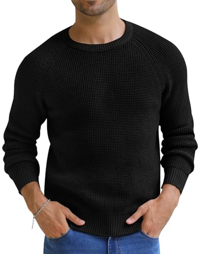NITAGUT Herrtröjor klassisk rund hals våffelmönstrad stickade tröjor vinter varm långärmad pullover med ribbad kant, Svart, XL