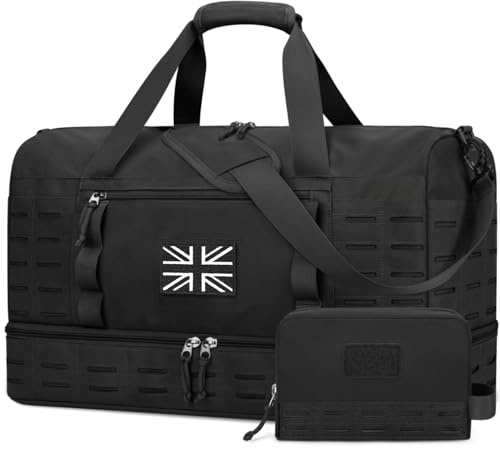 ZOMFELT Gym Bag for Men, Tactical Travel Duffle Bags with Shoe Compartment, Waterproof Holdall Sports Overnight Bag with MOLLE System for Travel, Workout, Tactical Use, Flight Approved, Black