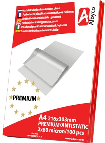Albyco PREMIUM, Antistatische Laminierfolien, Laminiertaschen - Format A4, 216x303 mm - Dicke 2x80 (160) Mikron - Glänzend - 100 Stück - Transparent