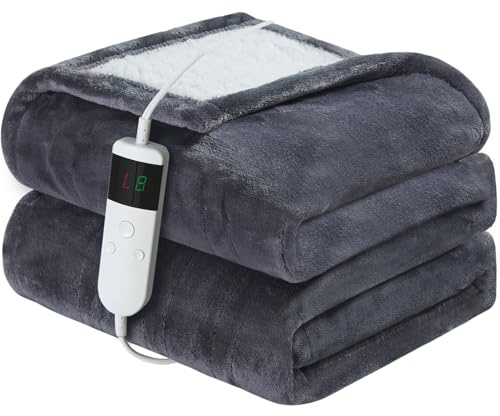 Qieryun Heated Electric Blanket 150x200cm Machine Washable Fleece & Sherpa Heated Blanket, Digital Controller, 10 Heating Settings, Automatically Turn Off After 8 Hours