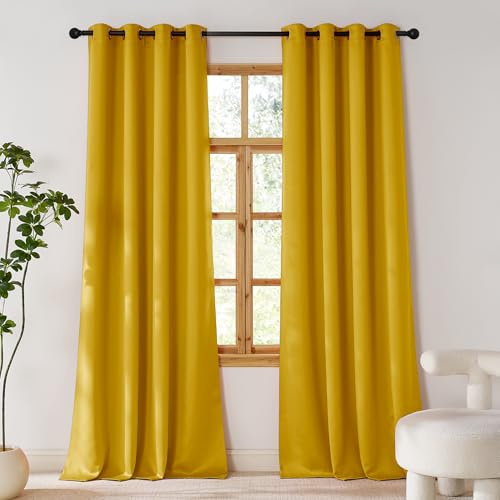 PONY DANCE Wohnzimmer Vorhänge Senfgelb Blickdicht Ösenschal 2er Set H 245 x B 140 cm Verdunklungsvorhänge Thermo Gardinen Hitzeschutz mit Ösen für Schlafzimmer