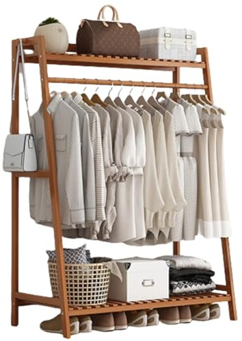 Open Wooden Wardrobe Clothes Rail & Storage Rack - Versatile Walk-In Closet with Shelves Ra & Ample Storage for Bedroom Clothing & Accessories