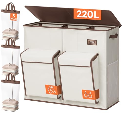 SOLEDI 220L Large Laundry Basket with 3 Compartments and 2 Side Pockets | Sort Laundry Hamper with 3 Removable Bags Suitable for Family, Foldable Clothes Storage Bin for Bedroom, College, Flat, RV