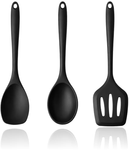 3 Stück 30 cm Ungefähr Hitzebeständiger Silikon Löffel, Nahtloser Küchen-rührlöffel, ideal als servierlöffel, Silikon Kochlöffel, kochlöffel silikon, antihaft-sicherer Küchenhelfer in Schwarz