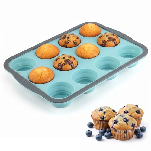 Dexpally 12 Muffin Dimensioni Standard Pieghevole, Stampo Muffin in Silicone con Telaio Metallico Antiaderente Teglia per Muffin, Stampini Silicone per Cupcake Brownies Budini, Per Forno Domestico