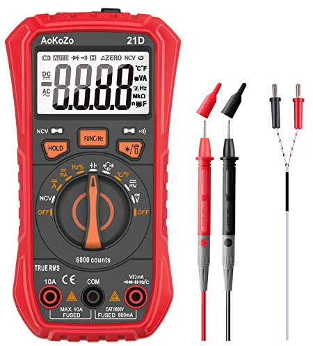 Multímetro Digital 6000 Cuentas, AoKoZo Polimetro Digital, Medición Precisa de Corriente CC/CA, Tensión CC/CA, Resistencia, Temperatura, Frecuencia, Capacitancia, Condensador, Diodo, Función NCV, TRMS