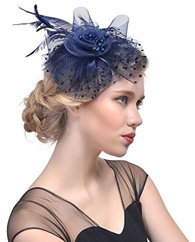 brieftk Chapeau bibi en maille et plumes - Chapeau de fête Royal Ascot - Chapeau derby des années 50 - Pour cocktail et thé - Pour filles et femmes, bleu marine, L