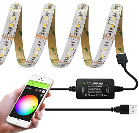 ZigBee 3.0 USB RGBWW LED Streifen Funktioniert mit Hub Bridge,Alexa Echo Plus für Smart App/Sprachsteuerung RGB Kaltweiß Warmweiß TV Atmosphäre Lichtleiste 5V Alexa LED Strip RGBCCT