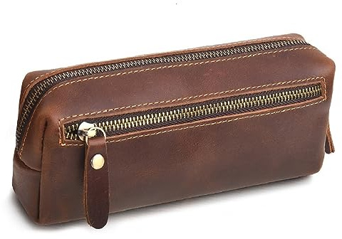 Wonderpool Estuche Lápices Cuero Bolígrafo Marcador Bolsa Gran Capacidad Dos Bolsillos con Cremallera Organizador Papelería Herramientas de Maquillaje (Café)