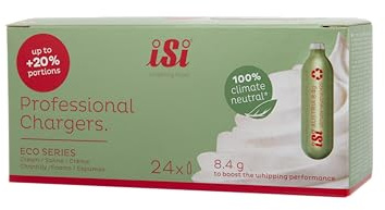 iSi Eco Professional Chargers N2O Sahnekapseln für Sahnespender, 24 Stück, 8,4g reines N2O, exakt abgewogen, 100% klimaneutrale N2O Kapseln aus europäischem Stahl, TÜV zertifiziert