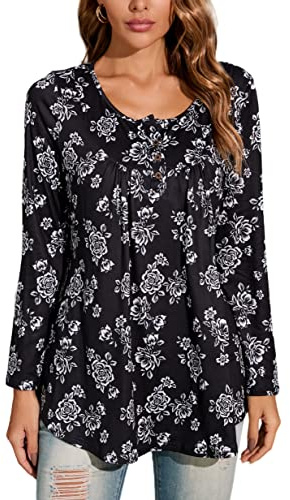 Enmain Damtunika, skjorta, långärmad tunika, långtröja damer, stora storlekar, V-ringad, långblus, skjorta, ledig, elegant tunika, toppar med knappar, paisley-blommor, t-shirt damer, S–3XL, svart, L