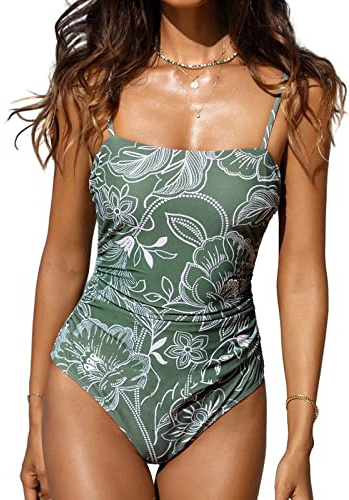 CUPSHE Women Swimsuit One Piece Square Neck Cutout Back Swimming Costume Tummy Control with Adjustable Spaghetti Straps Bathing Suit Swimwear Green Floral XS