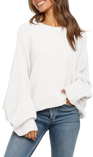Fessceruna Pull d'hiver surdimensionné pour femme - Manches chauve-souris - Col rond - Pull côtelé, Blanc., S