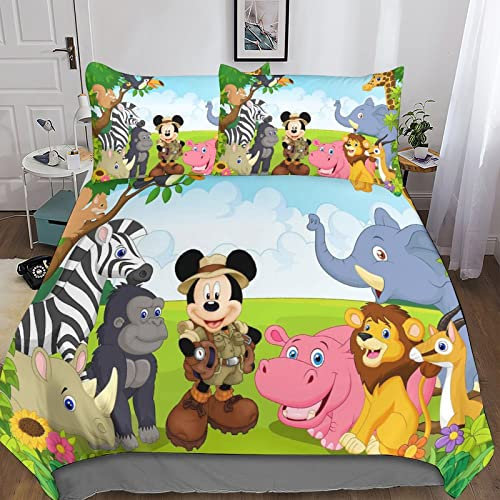 RUNPAW Cartoon Animals Bedding Set Mickey Mouse Duvet Cover Soft Microfiber Hidden Zipper Quilt Cover with 3D Print Design for Kids Teenagers Adult 3 Pcs Double（200x200cm）