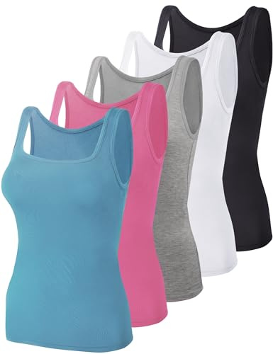 BQTQ 5 Pcs Women's Square Neck Tank Tops Sleeveless Vest Tops Undershirts | Square Neck Undershirts for Women, Slim Fit and Stretchy Summer Tank Tops Ribbed Sleeveless Layering Vest Tops