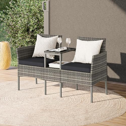 STEELSØN Gartenbank mit Tisch Velara aus Polyrattan, Sitzgruppe für 2 Personen, Balkonmöbel 2er Sofa mit Polster wetterfest, Gartensofa Terrassenmöbel in grau-meliert/anthrazit 81x65x135 cm (HxTxB)