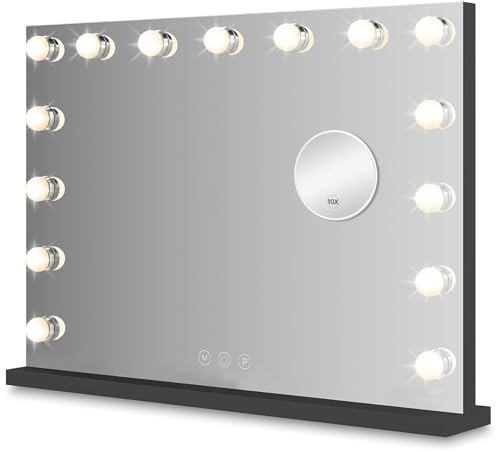 Bayt Specchio Hollywood con Luci LED – Specchio Trucco Nero 58x46 cm con 15 Lampadine Dimmerabili, 3 Tonalità di Luce (calda, fredda, naturale), Touch Screen & Specchietto Ingranditore 10x