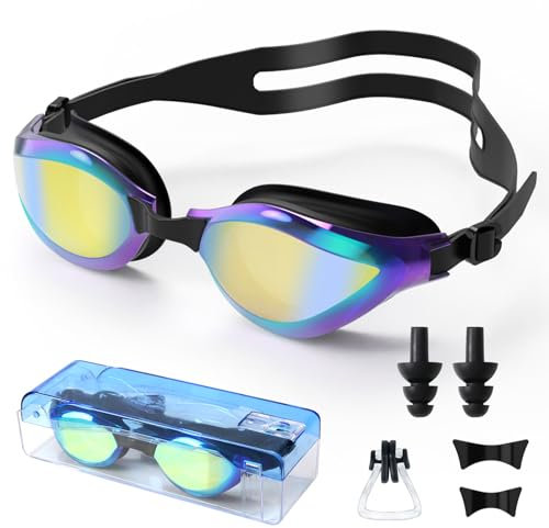 Roujune Polarisiert Schwimmbrille für Herren und Damen, Schwimmbrille UV-Schutz Anti Nebel Verstellbar Gurt Komfort 3 Austauschbare Nasenstege Profi Schwimmbrillen für Erwachsene Jugendliche