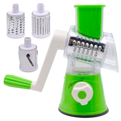 Rotary Cheese Grater UK, Manual Vegetable Grater Rotary Spiraliser Slicer for Kitchen Round Vegetable Mandoline Slicer with 3 Drum Stainless Steel Blades, for Cheese Vegetable Chocolate Potato Carrot