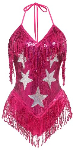 EFOGEP Women's Music Festival Bodysuit: Sexy Halter V Neck Star Sequins Fringe Carnival Rave Outfit Dance Leotard Party Nightclub Halloween Costume Hot Pink M