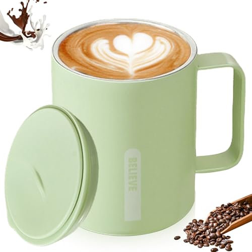Taza de café térmica de 400 ml, de doble pared, térmica, de acero inoxidable, taza de café y té, taza de café con asa y tapa deslizante, taza térmica, taza de té, taza térmica de viaje (verde)