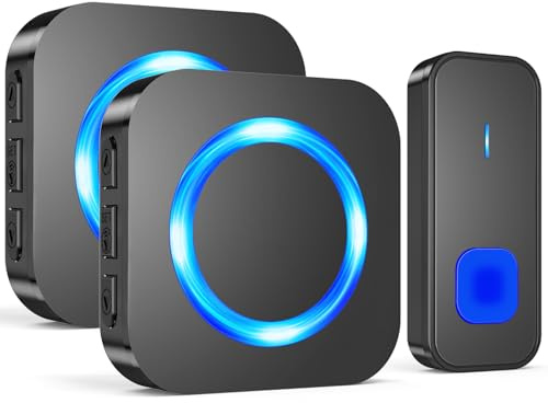 SURFOU Campanello Senza Fili da Esterno, Campanello Portata Wireless a Lunga Distanza di 400m per la Casa, Indicatore LED Pulsanti, 2 Ricevitore da Interno con 5 Volumi Regolabili, 55 Suonerie, Nero