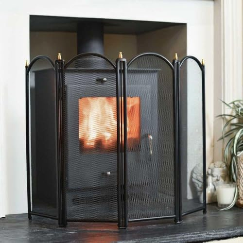 “Dynasty” Four Fold Midnight Black Fireguard Fire Screen with Brass Finials – Classic Style Mesh Guard for Log Burners & Open Fires – Spark & Debris Protection