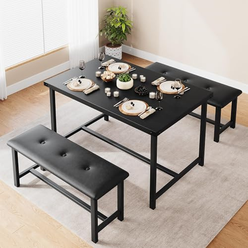 CuteHairy Dining Table Set with 2 Benches, 3-Piece Space-Saving Kitchen & Dining Room Set 70D x 113W x 75H cm, Metal Frame, for Home, Restaurant, Bistro, Patio or Garden