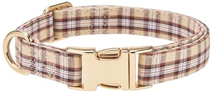 YUDOTE Tan Beige Plaid Dog Collar,Neutral Tartan Puppy Collar with Gold Quick Release Buckle,Soft Adjustable Checkered Pet Collar for Small Dogs,Versatile Everyday Dog Collar(Tan,Small)