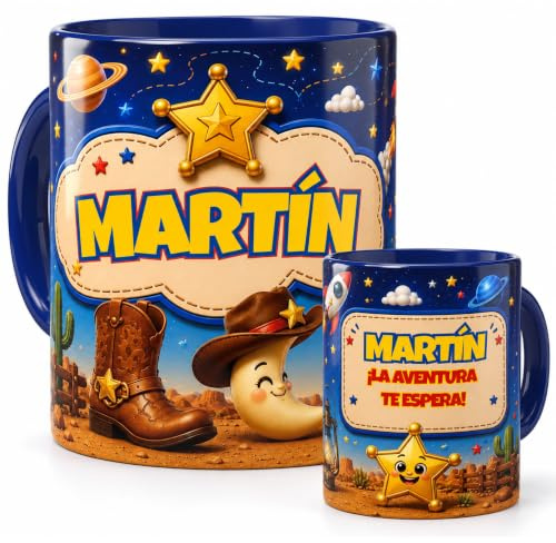 Taza personalizada con nombre y dedicatoria Regalo original para niños y niñas Diseño de aventuras espaciales y del Oeste Cerámica premium 350 ml Apta para lavavajillas