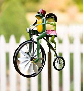 Tianbi Moving Vintage Bicycle Metal Wind Spinner,Cute Animal Motorcycle Garden Pile Metal Wrought Iron,Frog Ornament Wind Spinner Pole Garden Yard Lawn Windmill Decoration