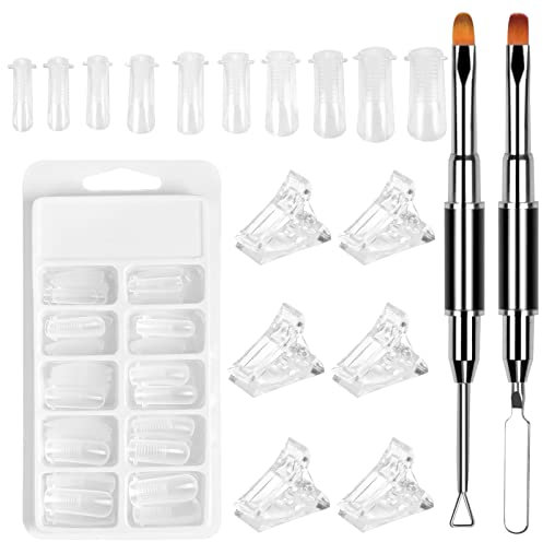 Joyan Nail Art Set, 10 Größen 100 Stück Künstliche Fingernägel, 2 Dual-Ended Poly Gel Nagelbürsten, 5 Stück Nagelspitzen Clip, Polygel Nagel Klammer, Schwarz, Transparent, Edelstahl, Nylon
