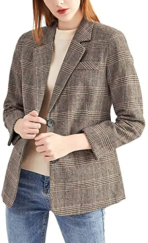 ebossy Giacca blazer da donna con revers classico e 2 bottoni, taglio boyfriend, elegante, motivo pied-de-poule a quadretti, Moka, X-Large