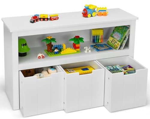 DREAMADE Kinderregal, Spielzeugschrank mit 3 Schubladen auf Rollen, Kinderzimmer Aufbewahrung mit 3 Boxen, Spielzeug Organizer, 102x33x62cm, Wohnzimmer/Kindergarten (Weißes Top)