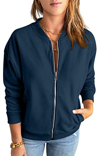 GeGekoko Sweatshirt med dragkedja, dam, överdimensionerad jacka, överdimensionerad tröja, enfärgad, lös, långärmad, toppar, toppar med ficka, Marinblå, M