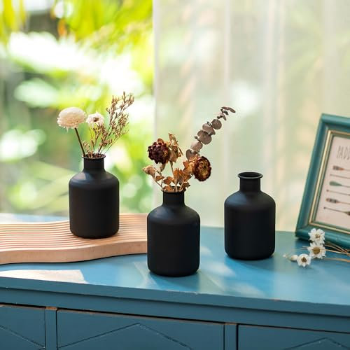 Sziqiqi Kleine Schwarze Bud Vasen - Metall Mini Blumenvasen Satz von 3 Dekorative Zylinde Vasen für Trockenblumen Moderne Matt Flower Vase für Wohnzimmer Esstisch Küche Bad Schlafzimmer