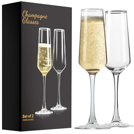 ParaCity Juego de 2 copas de champán, elegantes copas de champán de 250 ml, copas de cóctel, regalo para cumpleaños, bodas, Navidad, Nochevieja transparente para hombre y mujer (forma de flauta)