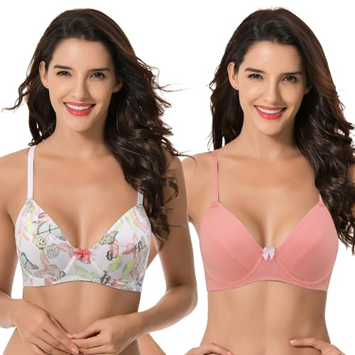 Curve Muse Mujeres Talla Grande Algodón Sin Forro Balconette Sujetadores con Aros-Paquete de 2-Cream/Coral/Yellow,Coral-90C
