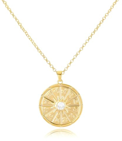 Gold Zodiac Constellation Pendant Necklace for Women 14K Gold Plated 12 Constellation Coin Necklace with CZ Disc Engraved Astrology Horoscope Round Zodiac Sign Charm Necklace Jewelry Gift