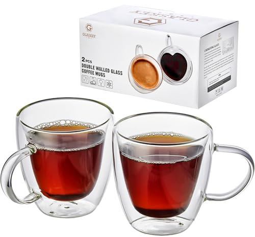 GLASKEY Double Wall Glass Coffee Mugs Set of 2, 150ml Insulated Coffee Mugs with Handle,Clear Borosilicate Glass Coffee Cups for Cappuccino, Espresso, Tea Bag, Beverage