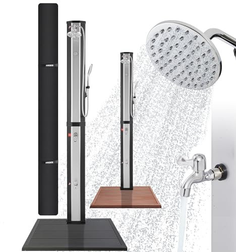 Arebos Solardusche 60 L & Bodenelement Anthrazit | mit Handbrause & Thermometer bis zu 60°C Pooldusche runder Duschkopf Snap-In Technologie Inkl. Abdeckhaube I Schwarz-Silber