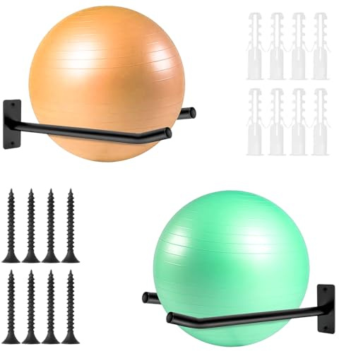 svteli Soporte de pared para pelotas medicinales y esterilla de yoga, soporte de pared para 2 pares de pelotas de ejercicio, soporte de metal para almacenamiento de equipos de fitness en gimnasio o