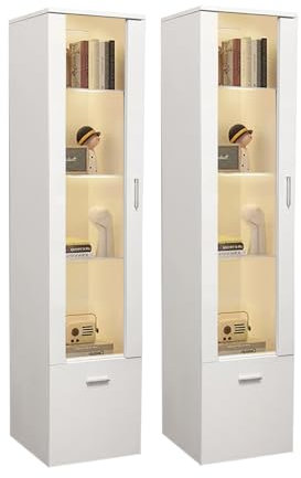 Sossiyule Set mit 2 LED-Vitrinen mit Tür und Regalen aus Glas, Beleuchtung für Wohnzimmer, Büro, 42 x 30 x 160 cm (weiß)