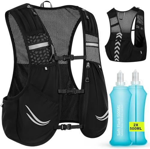 Charmofun Chaleco Hidratacion Trail Running, Mochila Hidratacion Hombre y Mujer con Bolsa Hidratación 2 Piezas 500ml, Mochila de Correr para Ligera para Trail, Ciclismo, Hacer Senderismo, Maratón (L)